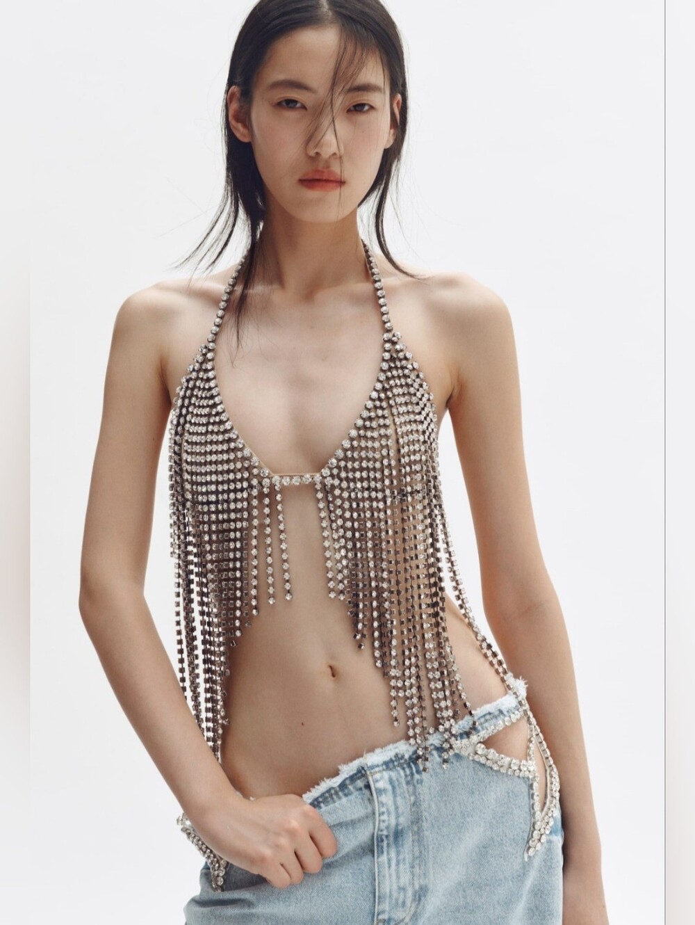 Stella McCartney H&M Rhinestone Fringe Crystal Embellished Bra Top Large